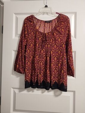 Apt. 9 Women's Burgundy and Gold Printed Peasant Top